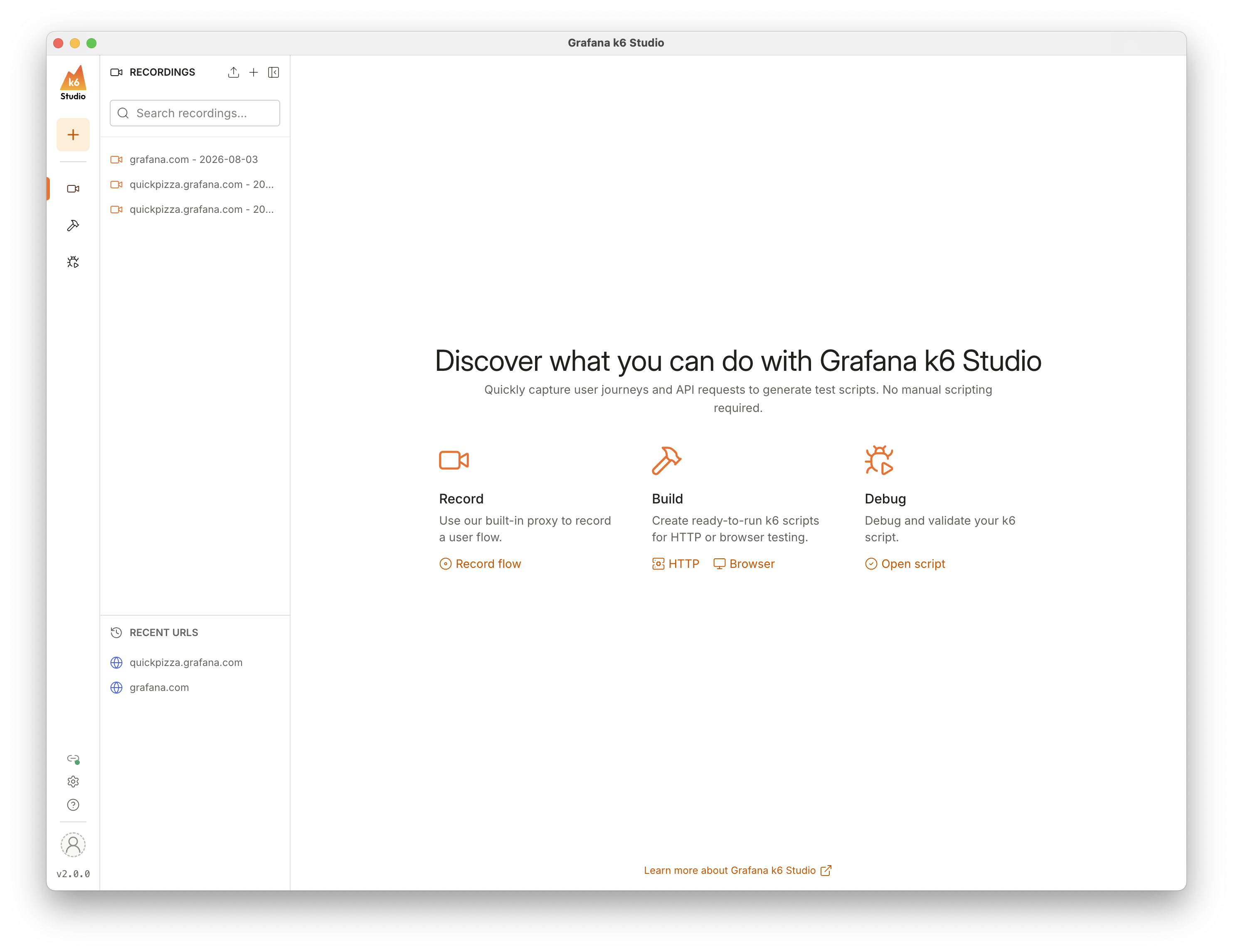 Grafana k6 Studio homepage